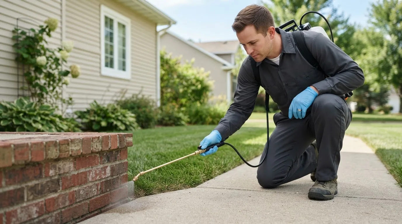 Pest control technician treating a home near Liberty, TX