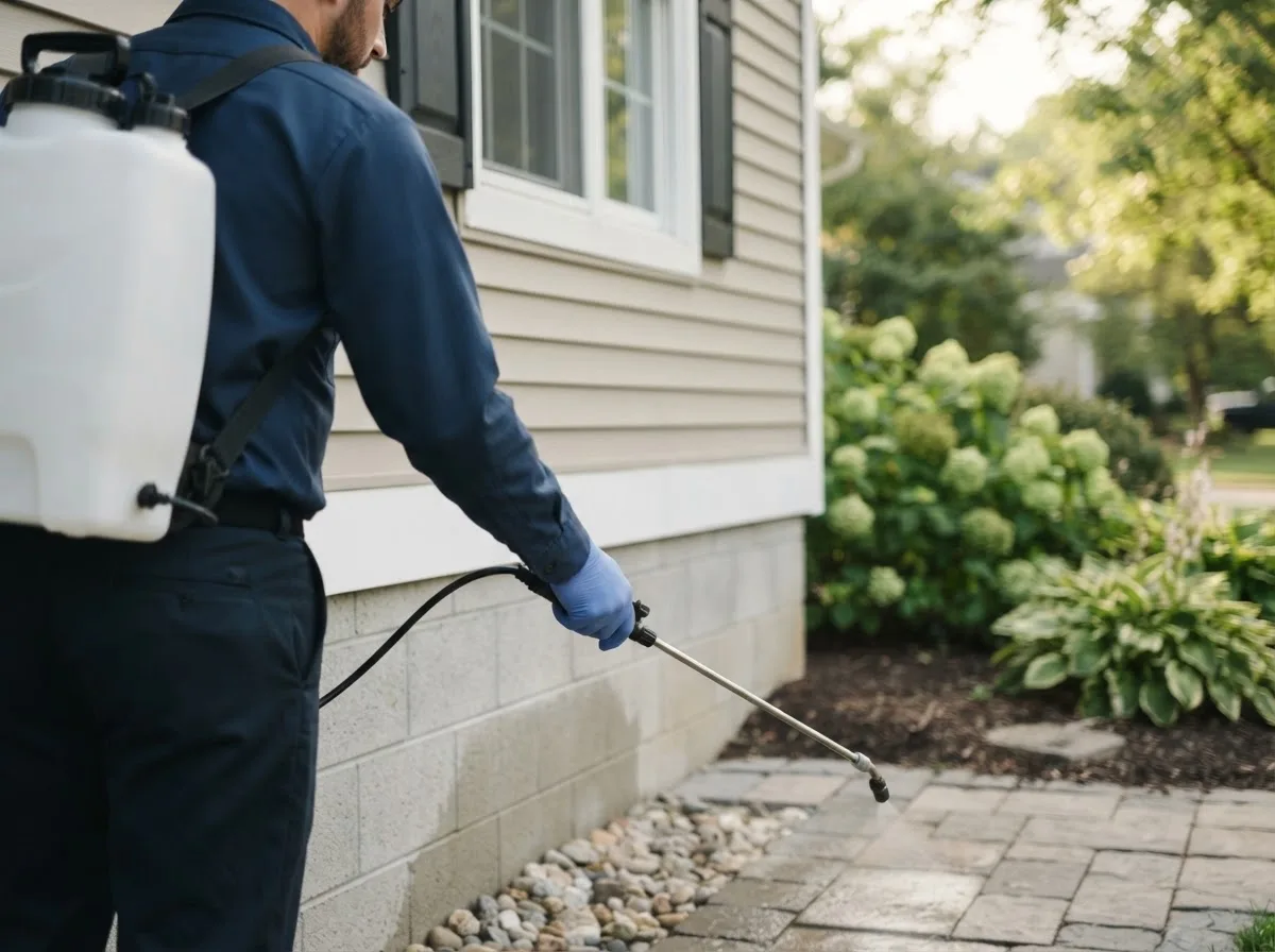 Pest control technician inspecting a home in Liberty, TX